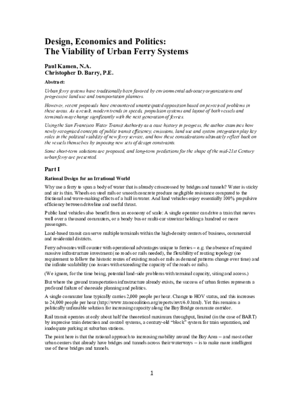 (PDF) Design, Economics and Politics: The Viability of Urban Ferry Systems