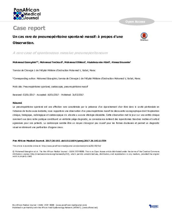 (PDF) Un cas rare de pneumopéritoine spontané massif: à propos d’une ...