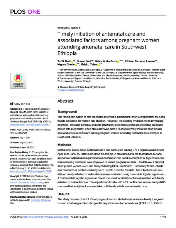 (PDF) Timely initiation of antenatal care and associated factors among ...