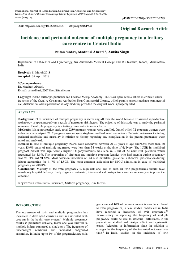 (PDF) Incidence and perinatal outcome of multiple pregnancy in a ...