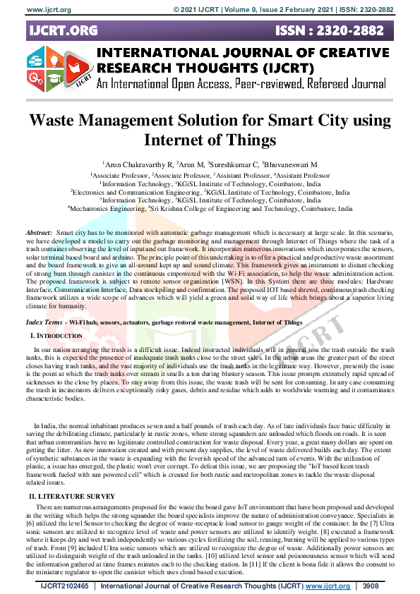 (PDF) Waste Management Solution for Smart City using Internet of Things