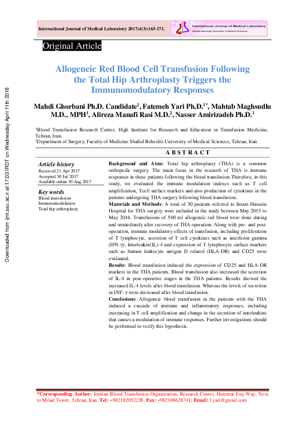 (PDF) Allogeneic Red Blood Cell Transfusion Following the Total Hip ...