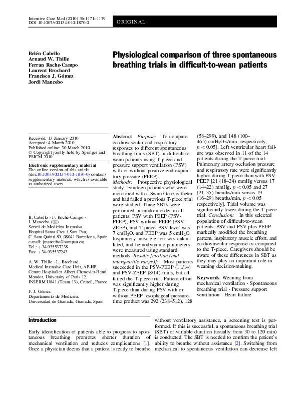 (PDF) Physiological comparison of three spontaneous breathing trials in ...