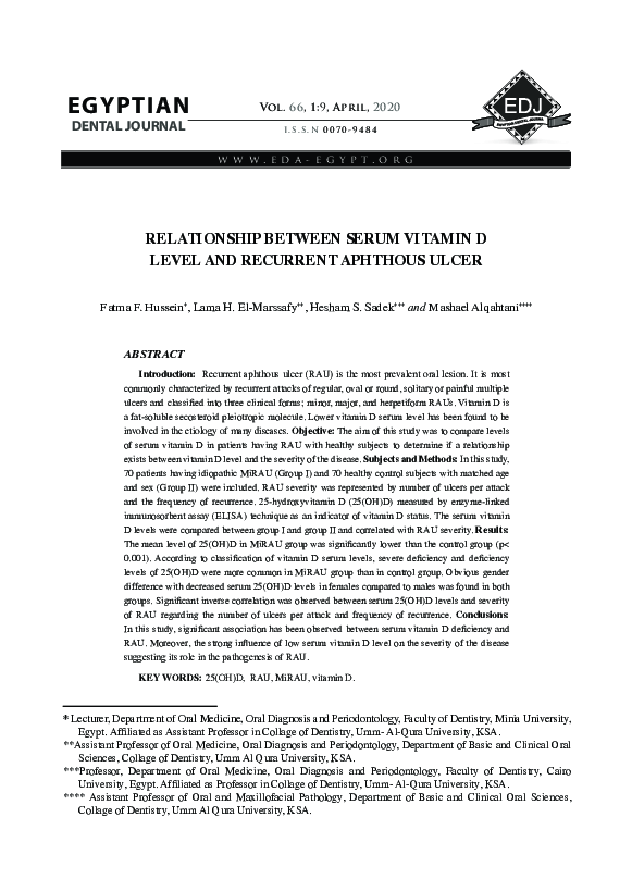 (PDF) RELATIONSHIP BETWEEN SERUM VITAMIN D LEVEL AND RECURRENT APHTHOUS ...