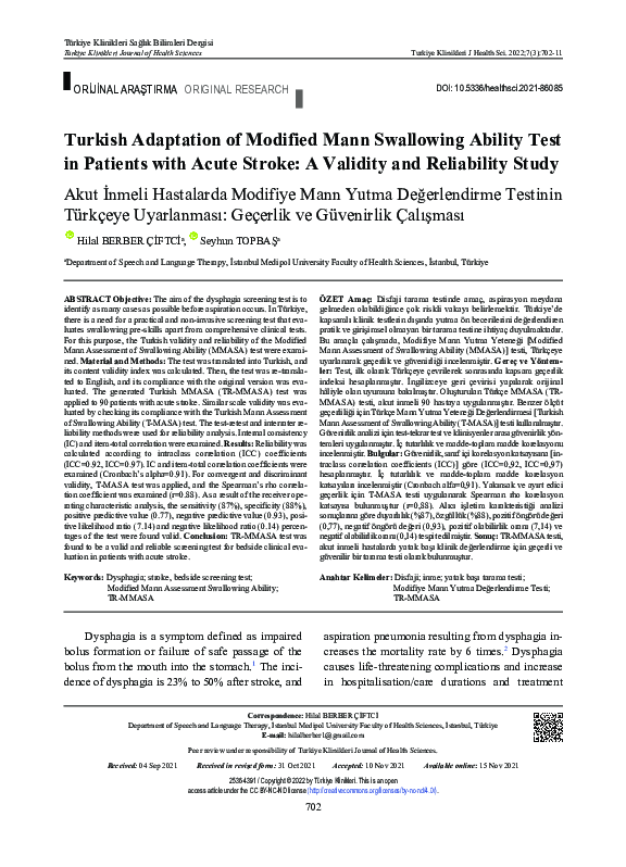 (PDF) Turkish Adaptation of Modified Mann Swallowing Ability Test in ...