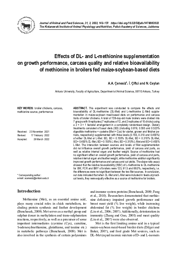 (PDF) Effects of DL- and L-methionine supplementation on growth ...