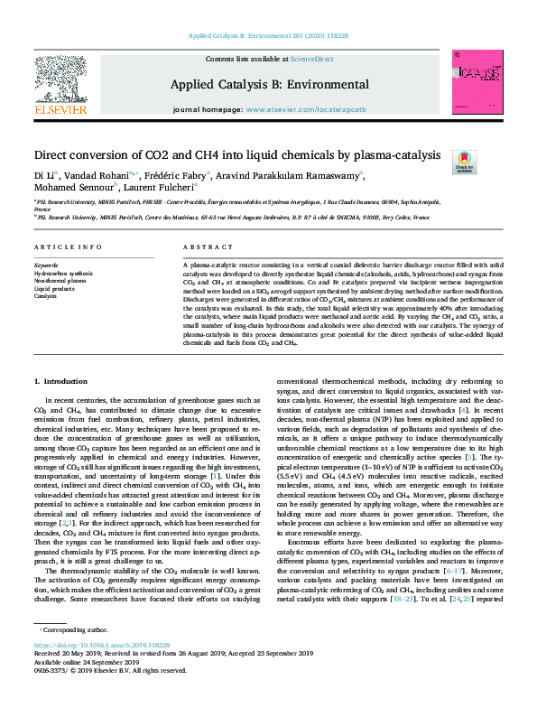 (PDF) Direct conversion of CO2 and CH4 into liquid chemicals by plasma ...