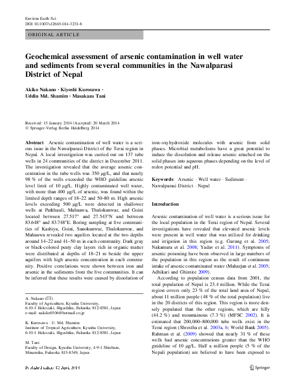 (PDF) Geochemical assessment of arsenic contamination in well water and ...