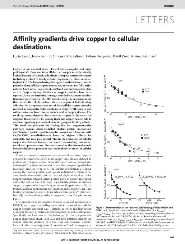 (PDF) Affinity gradients drive copper to cellular destinations