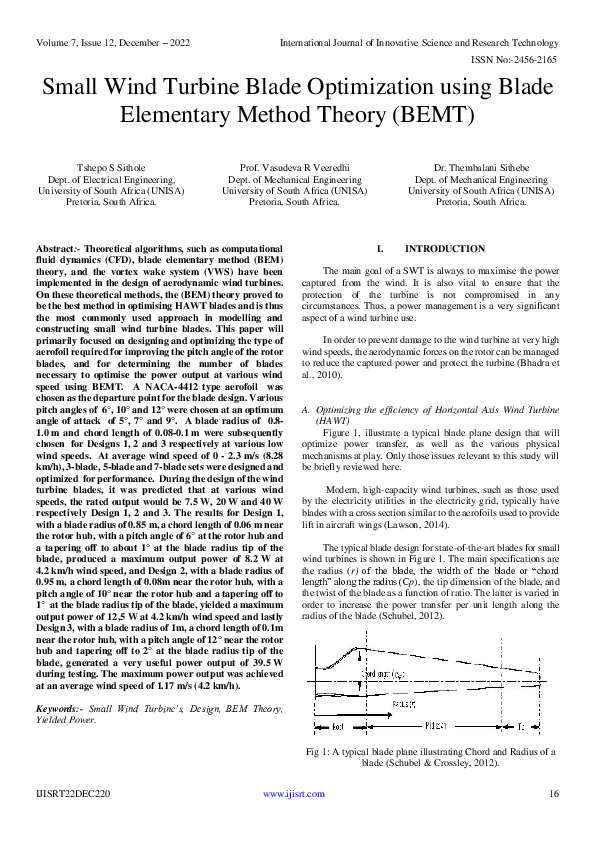 (PDF) Small Wind Turbine Blade Optimization using Blade Elementary ...