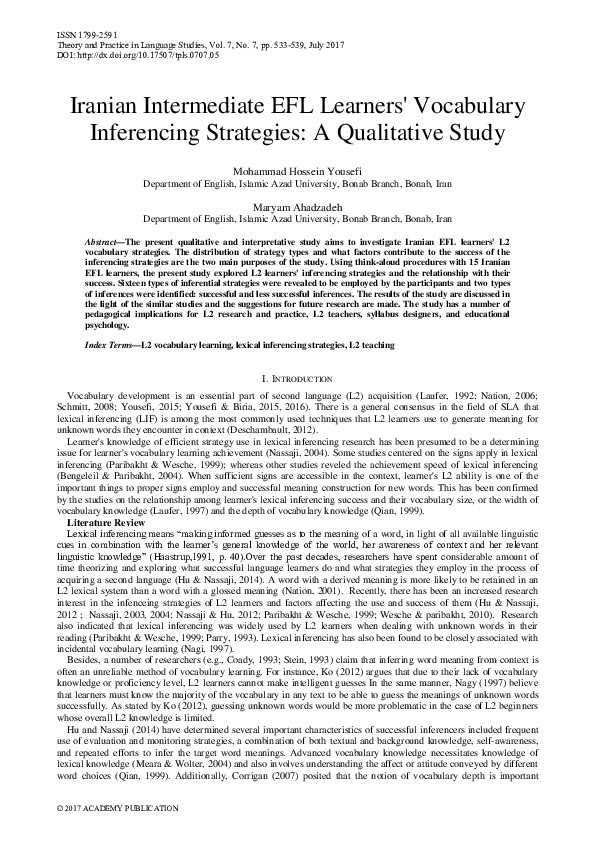 (PDF) Iranian Intermediate EFL Learners' Vocabulary Inferencing ...