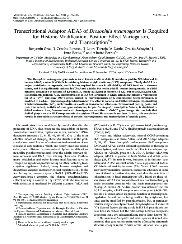 (PDF) Transcriptional Adaptor ADA3 of Drosophila melanogaster Is ...