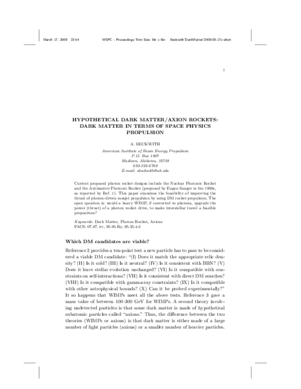(PDF) Hypothetical Dark Matter/Axion Rockets: Dark Matter in Terms of ...
