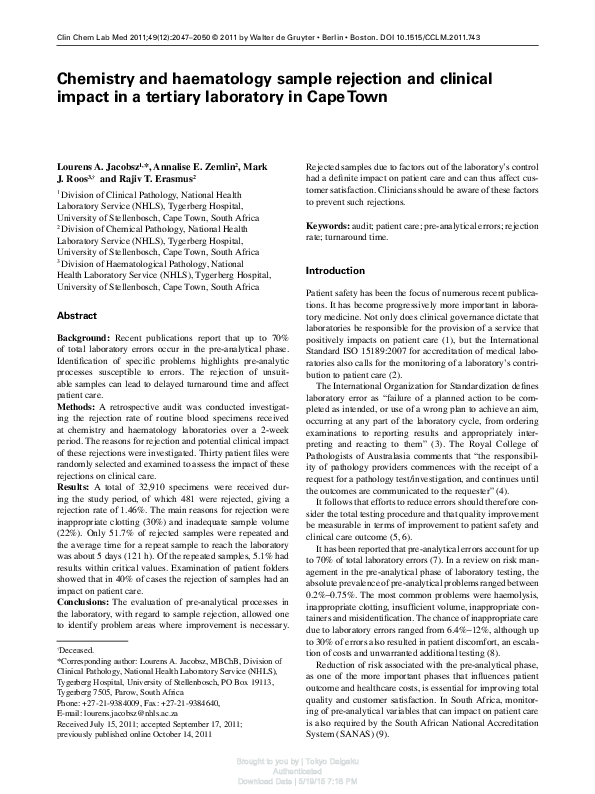 (PDF) Chemistry and haematology sample rejection and clinical impact in ...