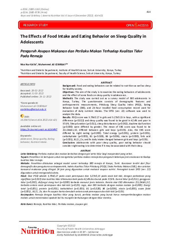 (PDF) The Effects of Food Intake and Eating Behavior on Sleep Quality ...