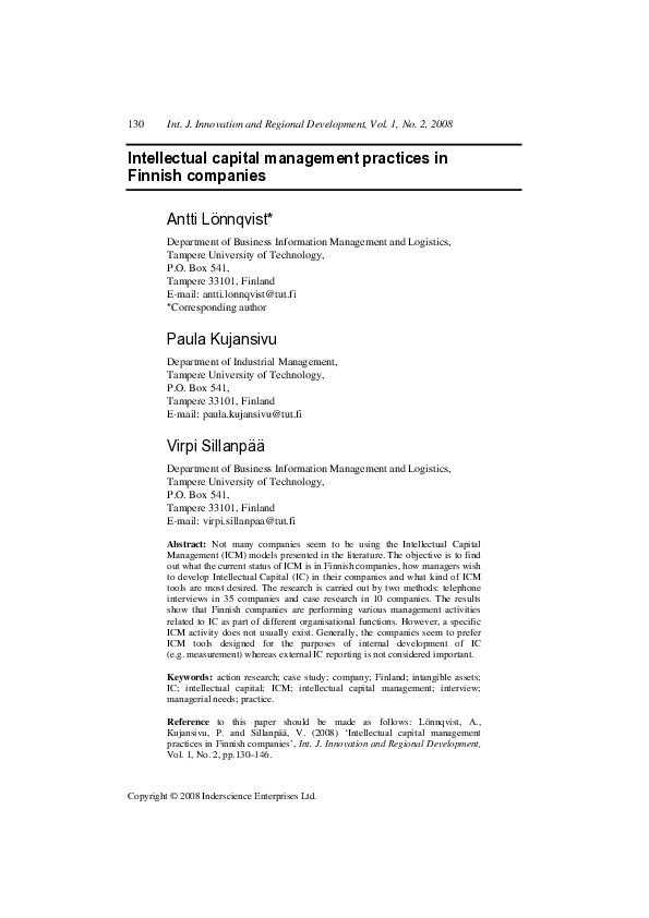 (PDF) Intellectual capital management practices in Finnish companies