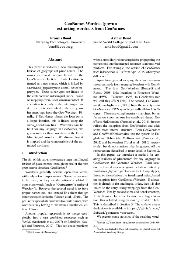 (PDF) GeoNames Wordnet (geown): extracting wordnets from GeoNames