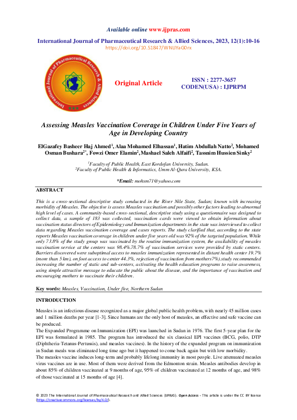 (PDF) Assessing Measles Vaccination Coverage in Children Under Five ...