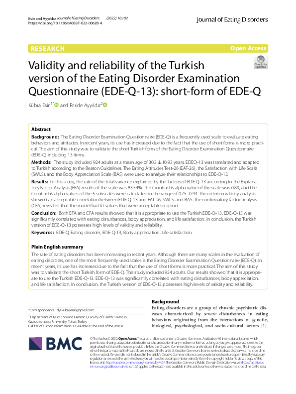 (PDF) Validity and reliability of the Turkish version of the Eating ...