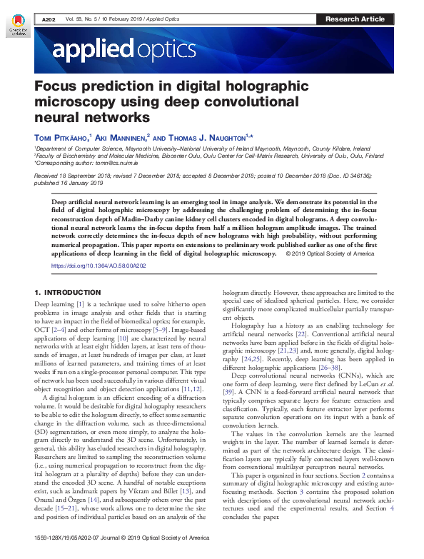 (PDF) Focus prediction in digital holographic microscopy using deep ...