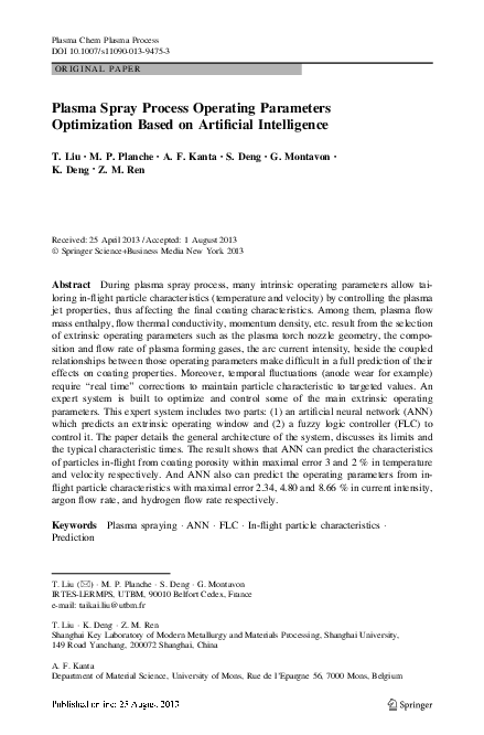(PDF) Plasma Spray Process Operating Parameters Optimization Based on ...
