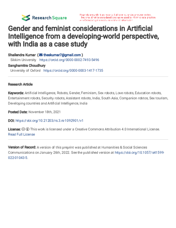 (PDF) Gender and feminist considerations in Artificial Intelligence ...