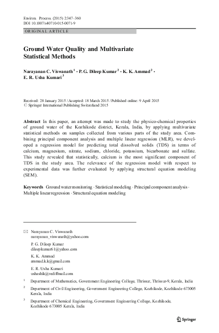 (PDF) Ground Water Quality and Multivariate Statistical Methods