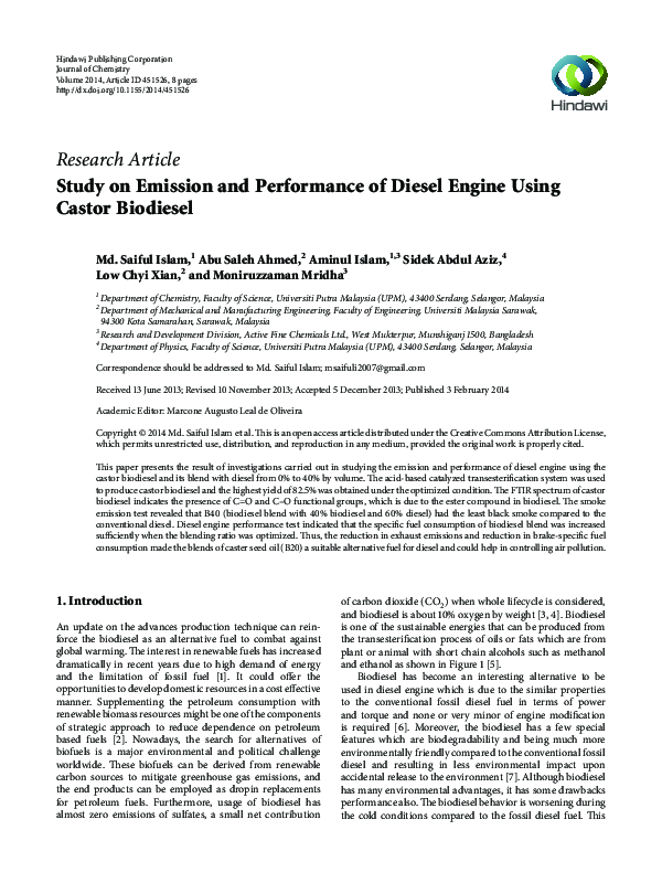 (PDF) Study on Emission and Performance of Diesel Engine Using Castor ...