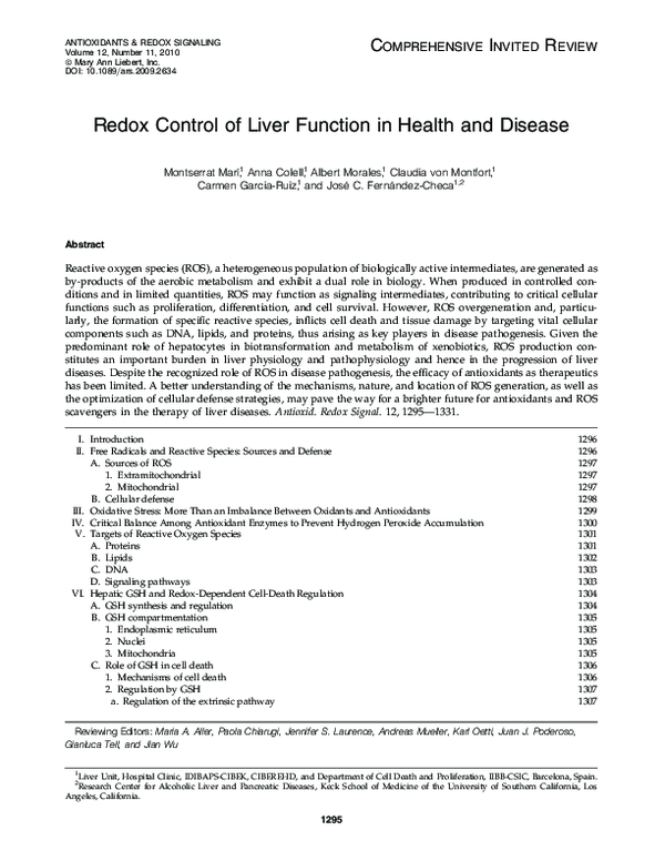 (PDF) Redox Control of Liver Function in Health and Disease