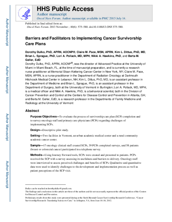 (PDF) Barriers and Facilitators to Implementing Cancer Survivorship ...
