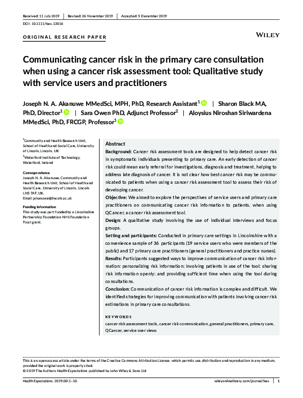 (PDF) Communicating cancer risk in the primary care consultation when ...