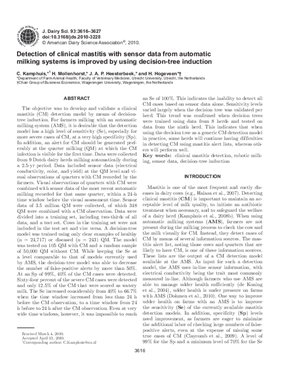 (PDF) Detection of clinical mastitis with sensor data from automatic ...