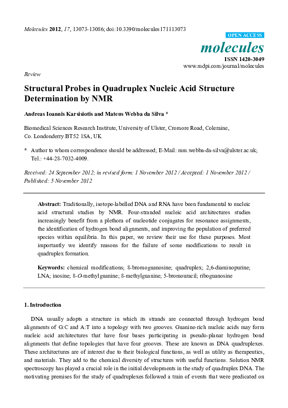 (PDF) Structural Probes in Quadruplex Nucleic Acid Structure ...