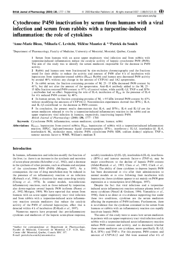 (PDF) Cytochrome P450 inactivation by serum from humans with a viral ...