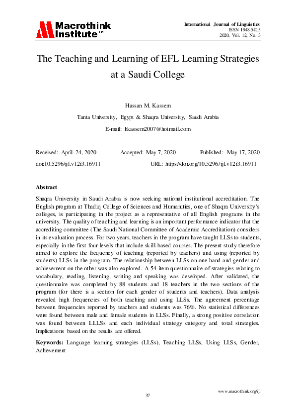 (PDF) The Teaching and Learning of EFL Learning Strategies at a Saudi ...