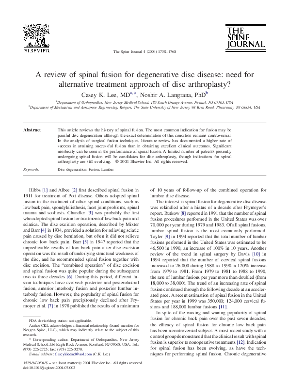 (PDF) A review of spinal fusion for degenerative disc disease: need for ...