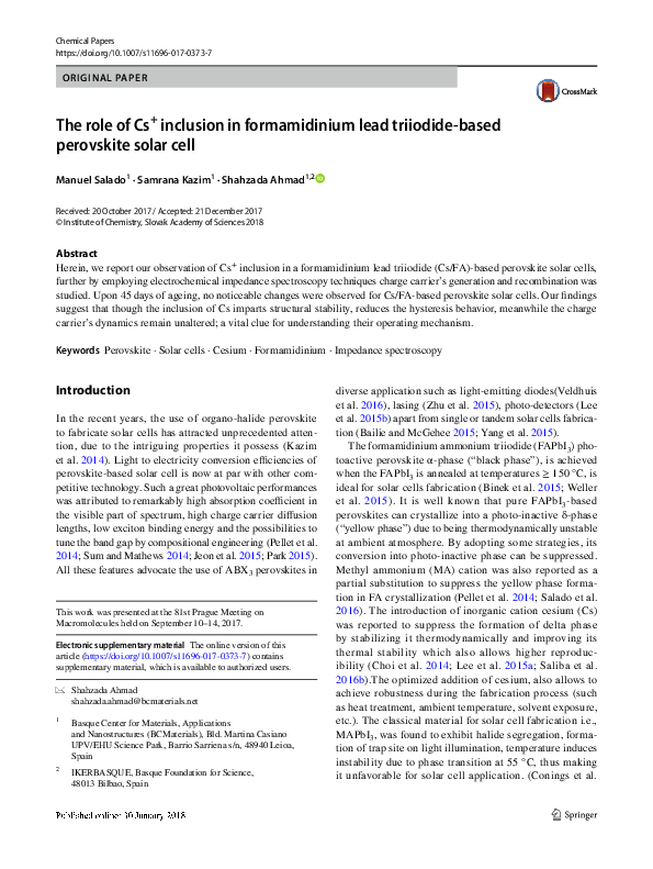 (PDF) The role of Cs+ inclusion in formamidinium lead triiodide-based ...