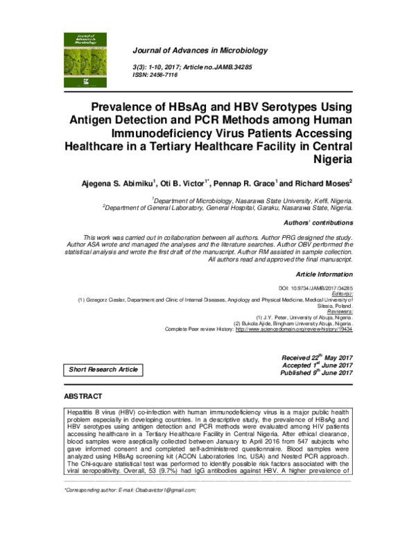 Prevalence of HBsAg and HBV Serotypes Using Antigen Detection and PCR Methods among Human Immunodeficiency Virus Patients Accessing Healthcare in a Tertiary Healthcare Facility in Central Nigeria