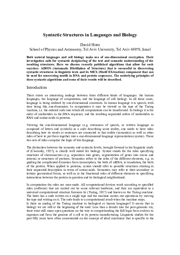 (PDF) Syntactic structures in languages and biology | David Horn ...