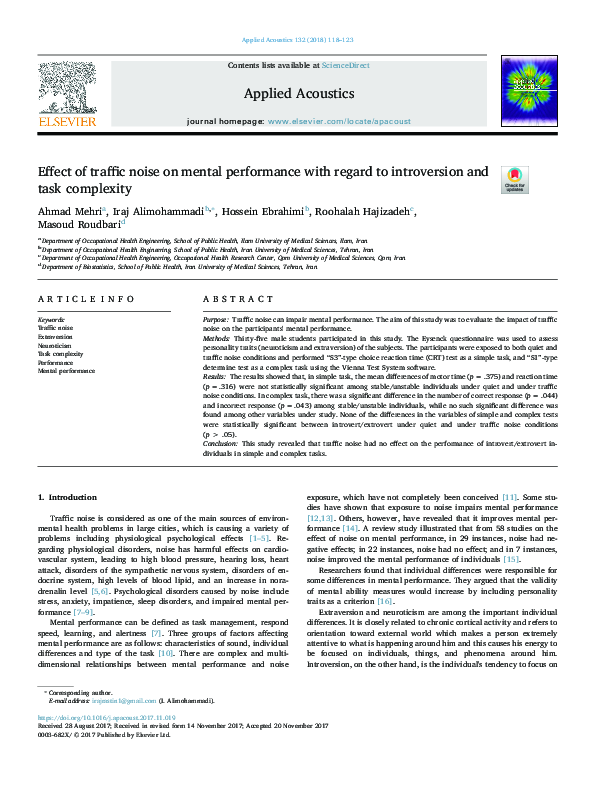 (PDF) Effect of traffic noise on mental performance with regard to ...