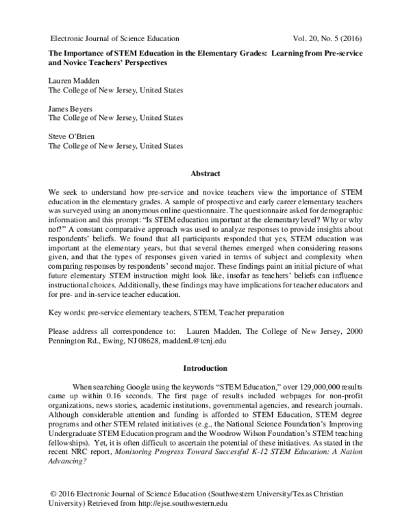 (PDF) The Importance of STEM Education in the Elementary Grades ...