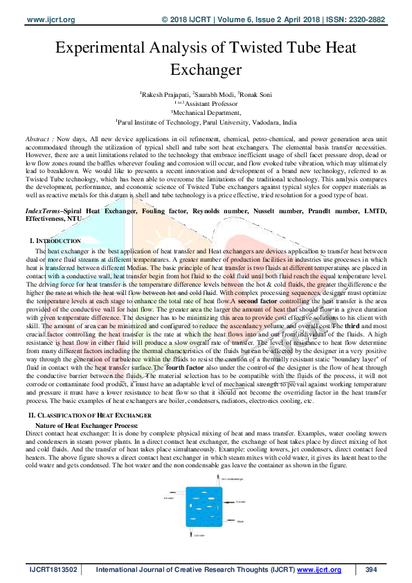 (PDF) Experimental Analysis of Twisted Tube Heat Exchanger