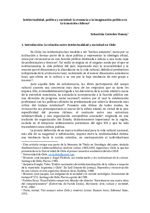 (PDF) Intelectualidad, política y sociedad: la renuncia a la ...