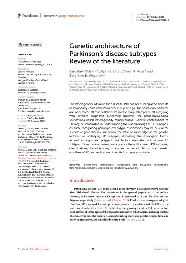 (PDF) Genetic architecture of Parkinson’s disease subtypes – Review of ...