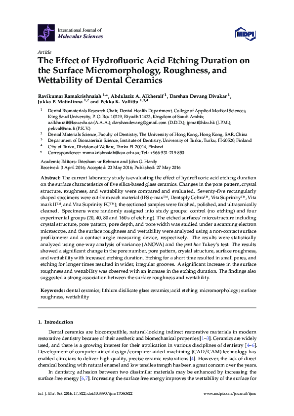(PDF) The Effect of Hydrofluoric Acid Etching Duration on the Surface ...