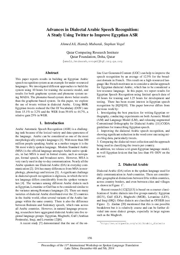 (PDF) Advances in Dialectal Arabic Speech Recognition: A Study Using ...
