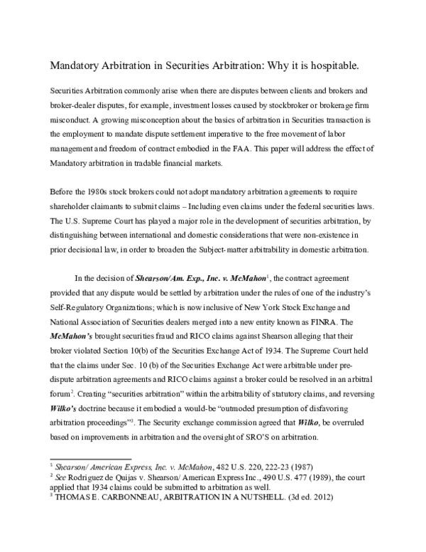 (DOC) Mandatory Arbitration in Securities Arbitration: Why it is hospitable