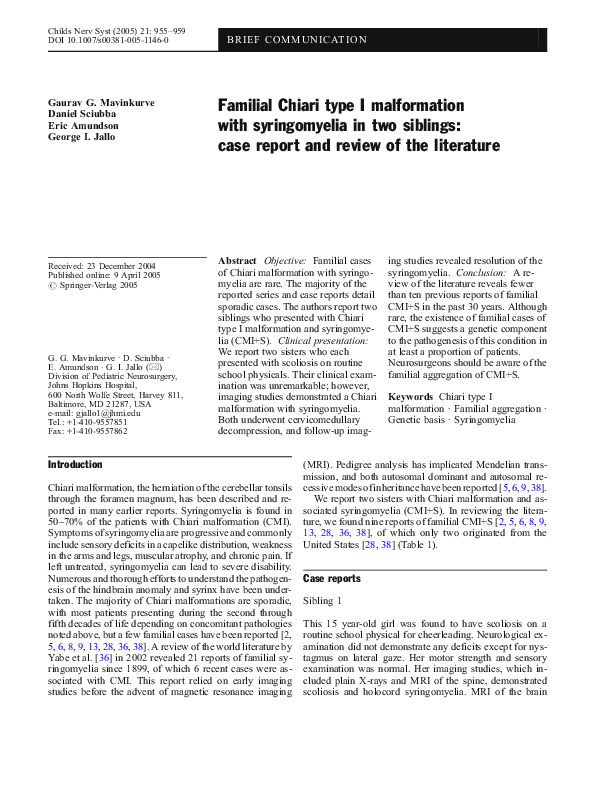 (PDF) Familial Chiari type I malformation with syringomyelia in two ...