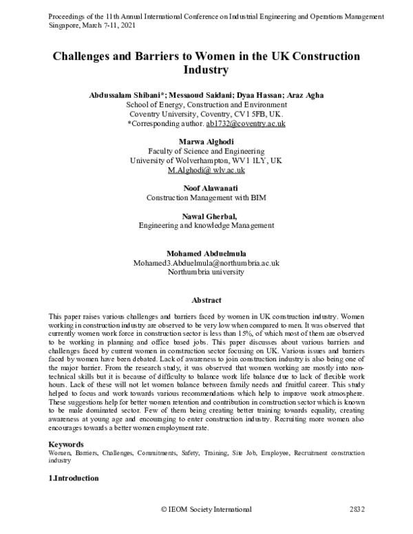 (PDF) Challenges and Barriers to Women in the UK Construction Industry