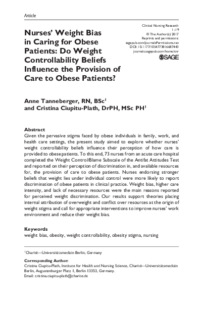 (PDF) Nurses’ Weight Bias in Caring for Obese Patients: Do Weight ...